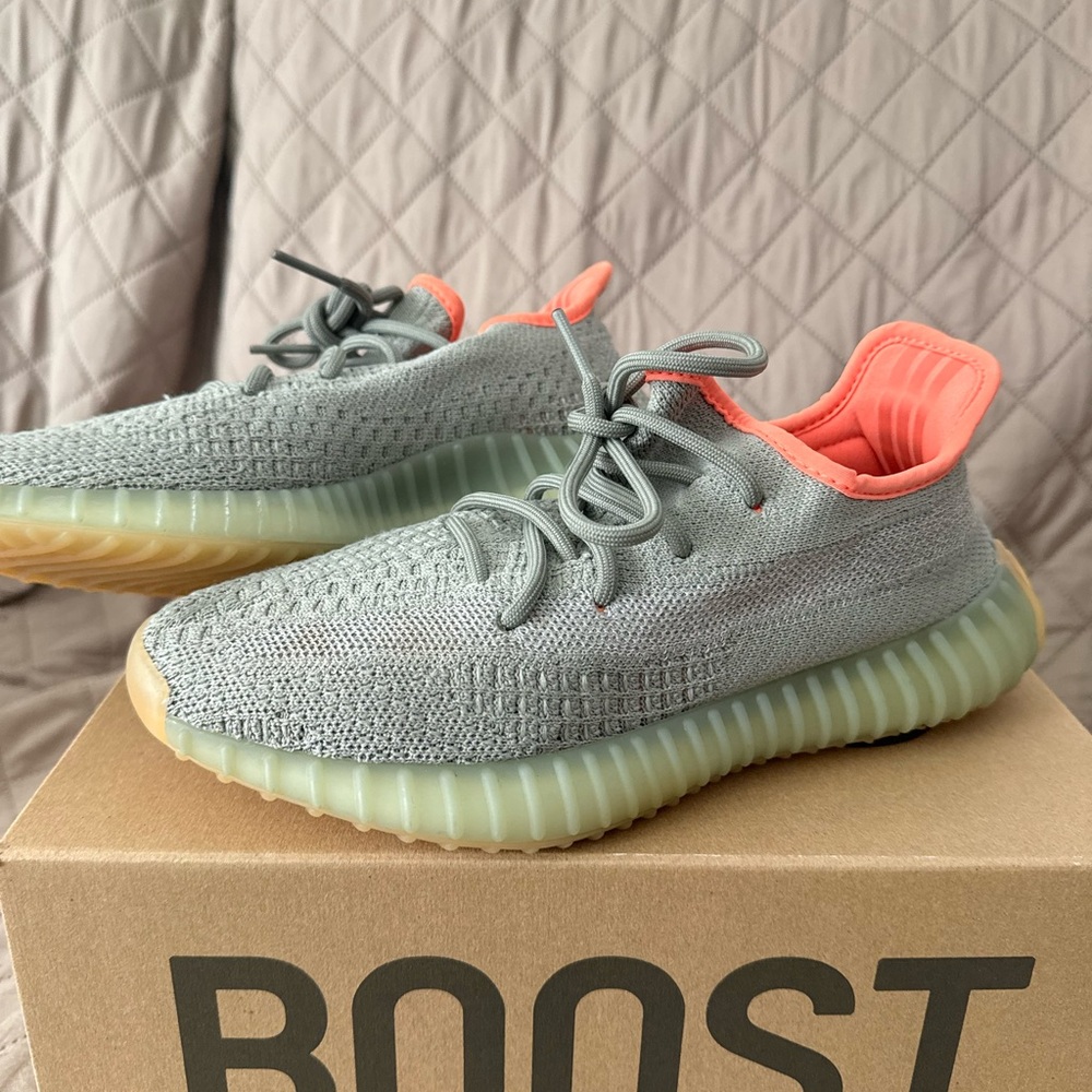 Yeezy Gray and Coral Sneakers